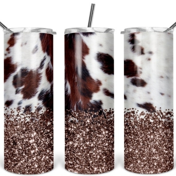 Cow Print Glitter Tumbler 30 ounce with Straw - Picture 1 of 12